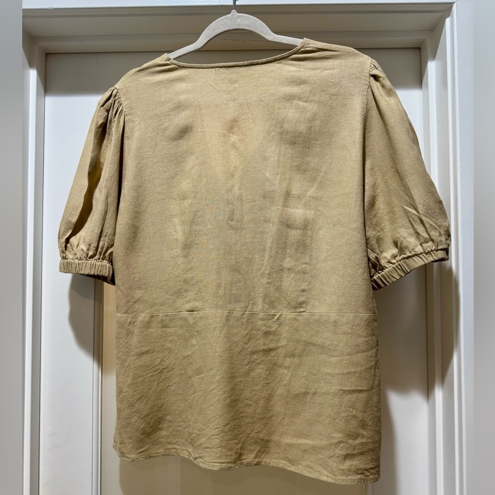 Michael Kors Tan Linen Blend Puff Sleeve Blouse XL Gold Hardware Spring 2024 - Picture 5 of 13